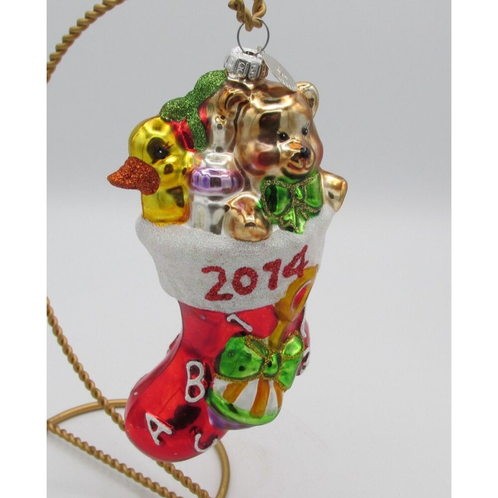 Celebrations Radko 2014 Hand Crafted Glass Christmas STOCKING Ornament Bear Duck